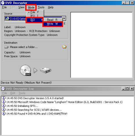 DVD Decrypter(fBNv`[)NāAyModezyISOzyWritezƑI܂B
